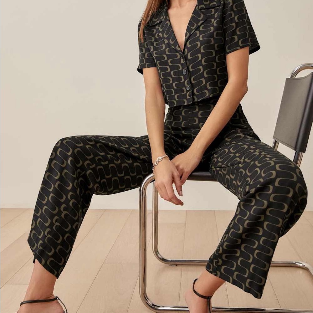 Reformation Black Button-Up Top and Patterned Pants Set